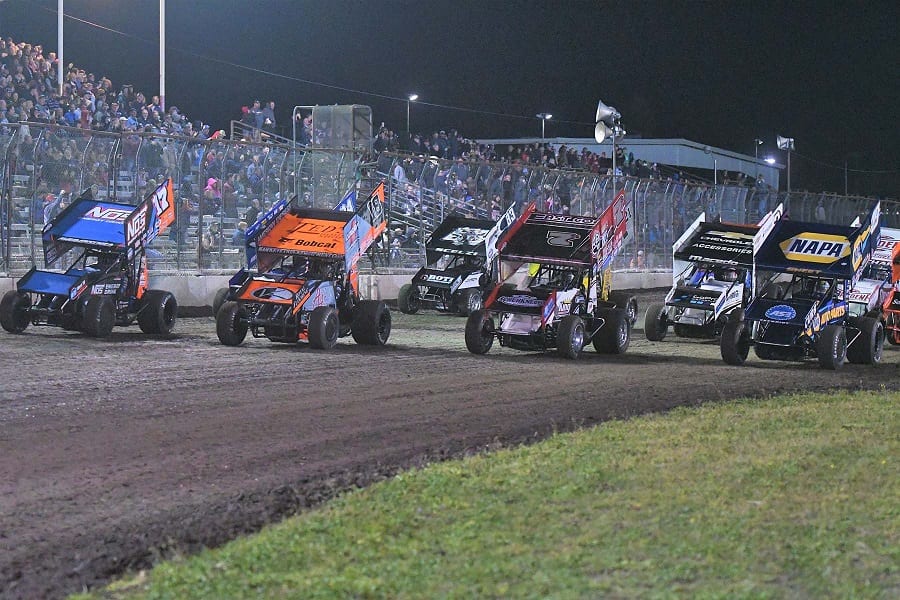 The four-wide parade lap before the start of Friday's World of Outlaws Silver Dollar Shootout at Silver Dollar Speedway. (Tom Parker photo)