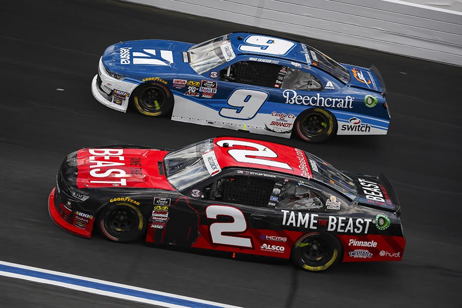 Tyler Reddick (2) races alongside Noah Gragson during Saturday's NASCAR Xfinity Series event at Charlotte Motor Speedway. (HHP/Barry Cantrell Photo)