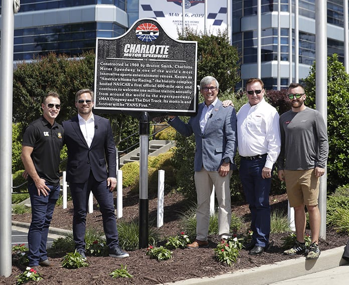 (From left) Richard Childress Racing driver Daniel Hemric, Speedway Motorsports, Inc. President and CEO Marcus Smith and Charlotte Motor Speedway Executive Vice President and General Manager Greg Walter join Richard Childress Racing Chairman and CEO Richard Childress and RCR driver and 2017 Coca-Cola 600 winner Austin Dillon at a historical marker unveiling on Thursday at the speedway. (HHP/Harold Hinson photo)