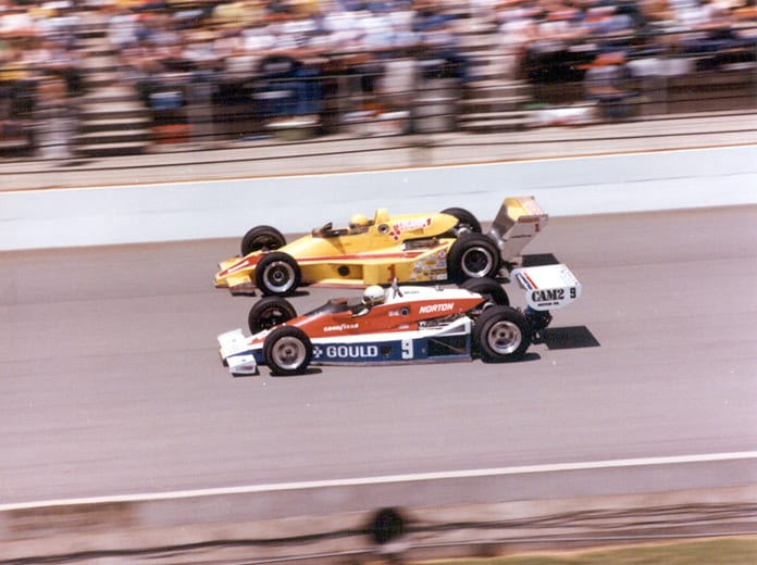 Rick Mears (9) passes Tom Sneva during the 1979 Indianapolis 500. (IMS Archives Photo)