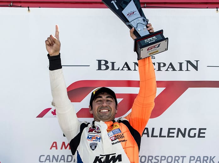 Nicolai Elghanayan celebrates after Saturday's victory at Canadian Tire Motorsports Park.