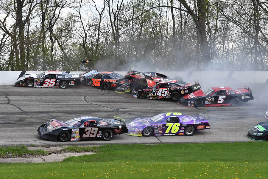 Ty Majeski broke an axle and started a multi-car pileup that collected at least six other cars during the Joe Shear Classic Sunday at Madison Int'l Speedway. (Doug Hornickel Photo)
