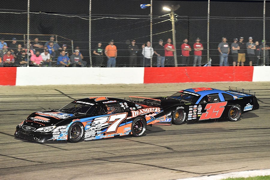 John DeAngelis Jr. (7) leads Brad Keith during Saturday's ARCA Midwest Tour event at Jefferson Speedway. (Doug Hornickel Photo)