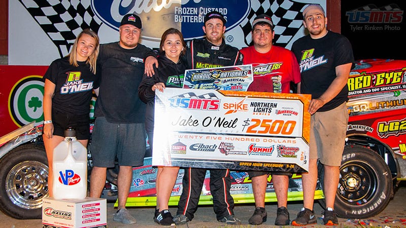 Jake O'Neil bested Rodney Sanders to win Sunday's USMTS feature at Upper Iowa Speedway.