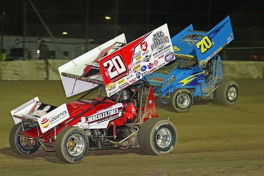 Greg Wilson (w20) races ahead of Spencer Bayston during Sunday's Ollie's Bargain Outlet All Star Circuit of Champions event at Fremont Speedway. (Todd Ridgeway Photo)