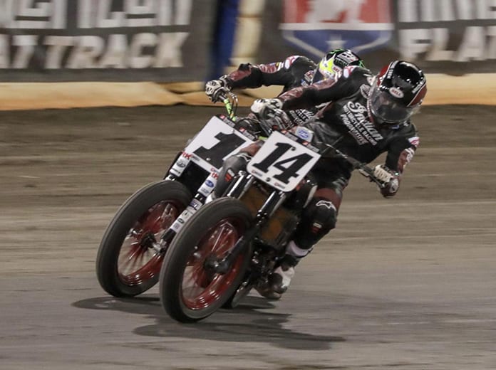 Briar Bauman (14) leads the American Flat Track tour into the So-Cal Half-Mile this weekend. (AFT Photo)