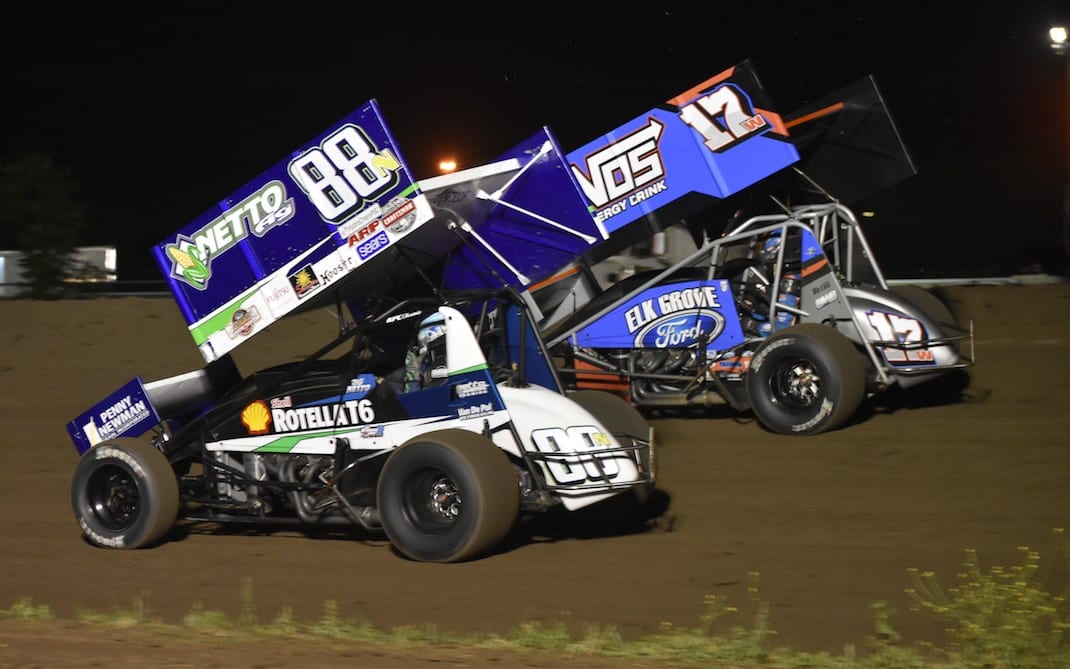 D.J. Netto (88n) and Shane Golobic during the Jimmy Sills Classic at the Stockton Dirt Track. (Joe Shivak photo)