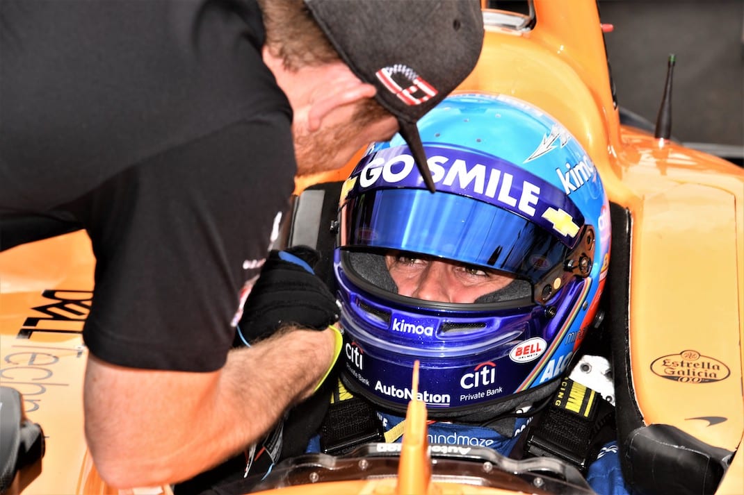 Fernando Alonso sits in his car Sunday at Indianapolis Motor Speedway. (Al Steinberg photo)