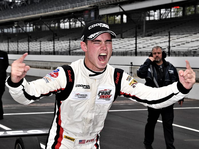 Braden Eves celebrates after winning Friday's USF2000 event at Indianapolis Motor Speedway. (Al Steinberg Photo)