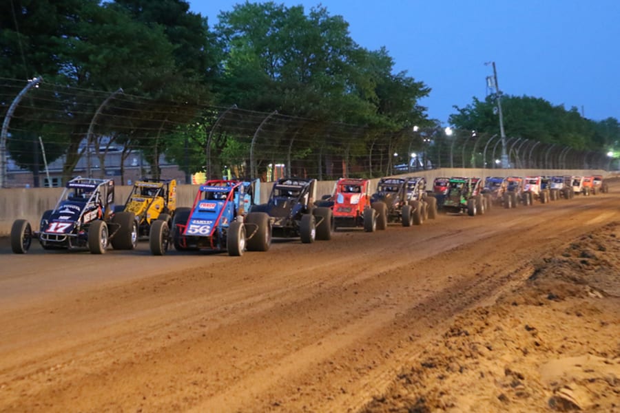 The field for Thursday's Hoosier Hundred prepares to go racing at the Indiana State Fairgrounds. (Gordon Gill Photo)