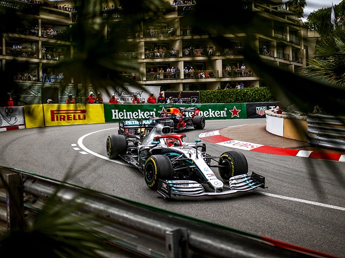 Lewis Hamilton leads Max Verstappen during Sunday's Monaco Grand Prix. (Mercedes Photo)