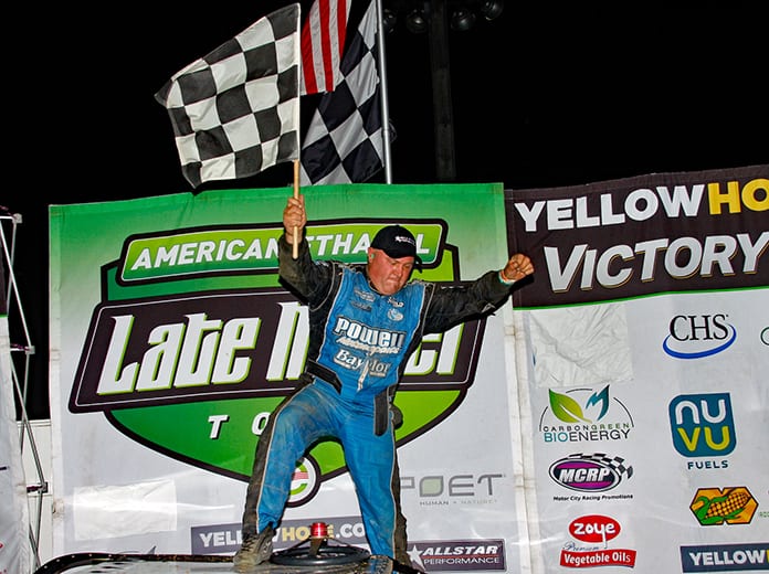Scott James in victory lane Saturday at Brownstown Speedway. (Jim Denhamer Photo)