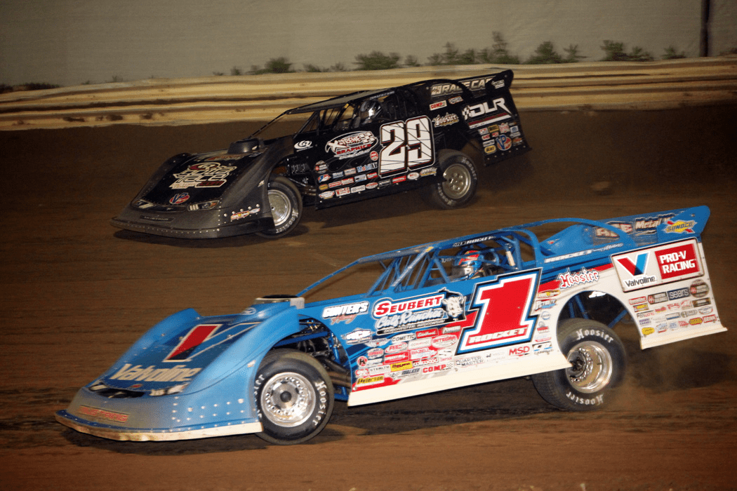 Brandon Sheppard (1) and Darrell Lanigan battle for the lead at Ohio's Wayne County Speedway. (Rick Neff photo)