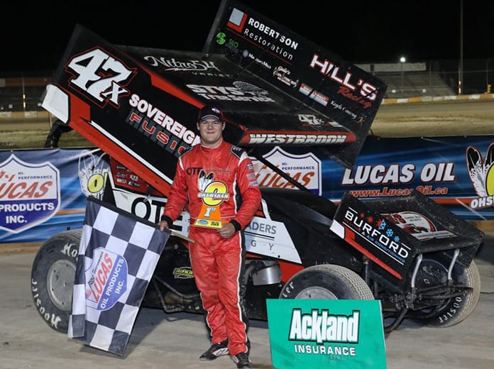 Dylan Westbrook celebrated his 23rd career 360 Sprint Car victory at Ohsweken Speedway on Friday night. (Dale Calnan/Image Factor Media Photo)
