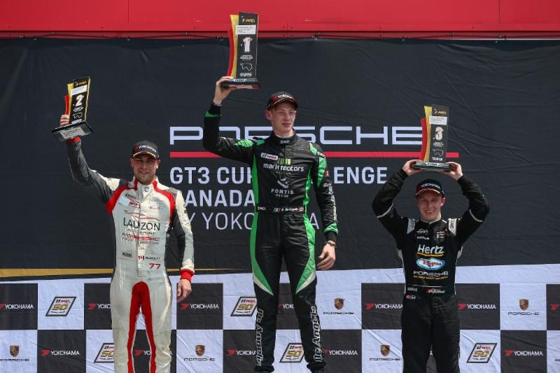 Roman De Angelis (center) won Sunday's Porsche GT3 Cup Challenge Canada by Yokohama event at Canadian Tire Motorsport Park. (IMSA Photo)