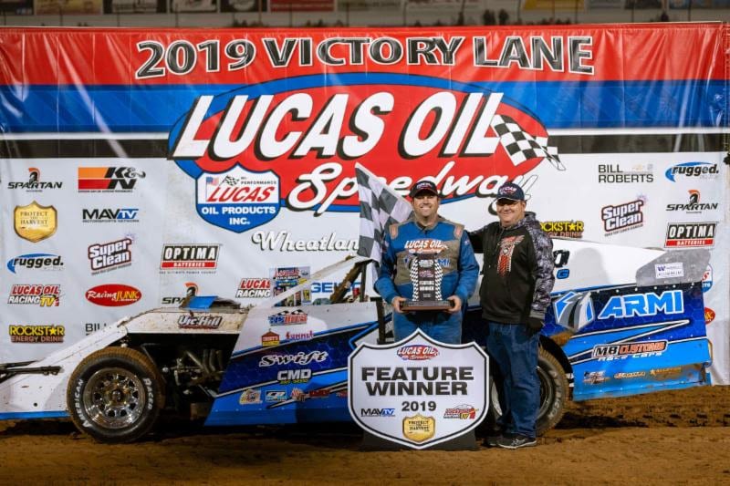 Tyler Wolff celebrates his Pitts Homes USRA Modified win Saturday night at Lucas Oil Speedway. (Kenny Shaw photo)