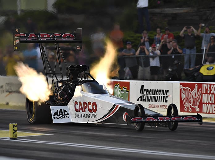 Steve Torrence topped the qualifying charts in Top Fuel Friday at Heartland Motorsports Park. (NHRA Photo)