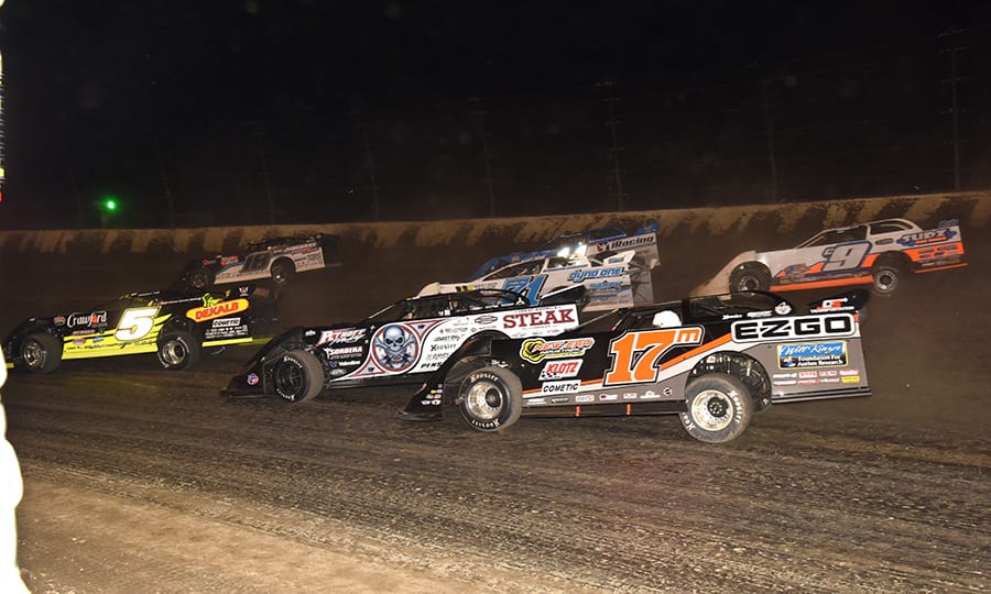 Drivers battle for position during Friday's Dirt Late Model Dream preliminary event at Eldora Speedway. (Paul Arch Photo)