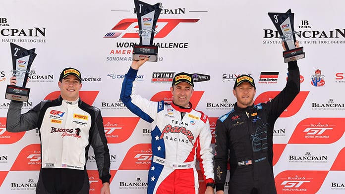 Ian James (center) raced to victory in Sunday's Pirelli GT4 America Sprint event at Sonoma Raceway.