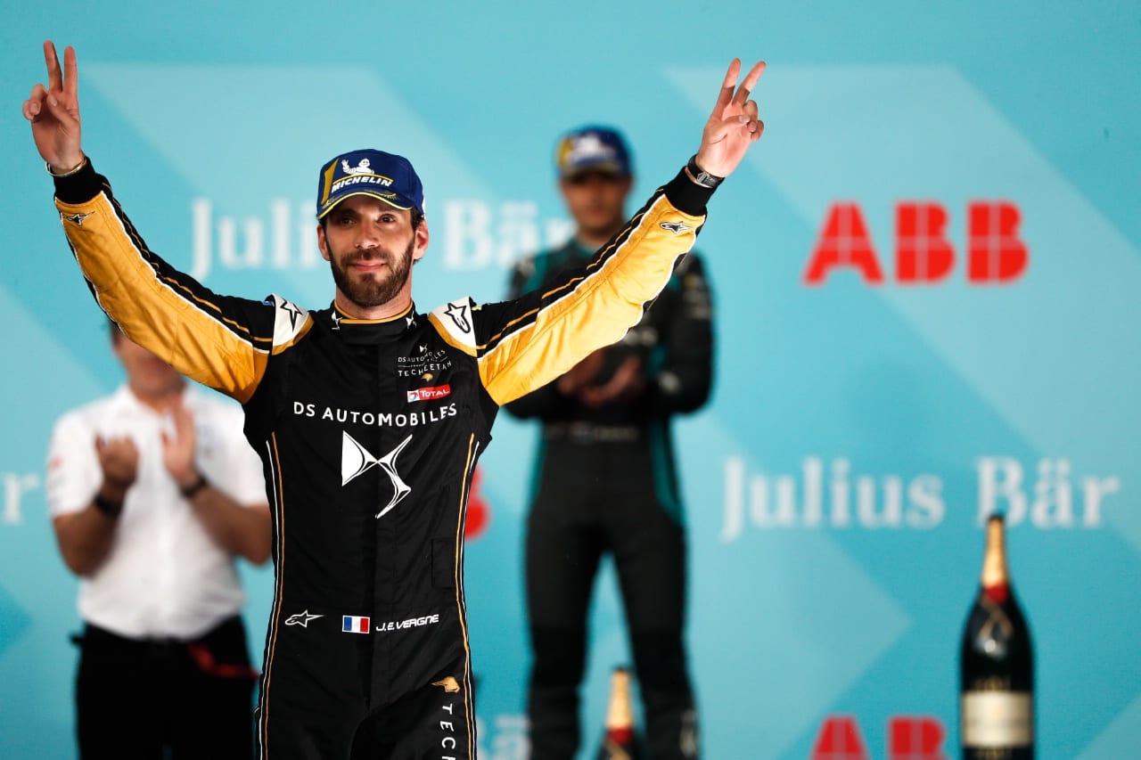 Jean-Eric Vergne celebrates after winning Saturday's Swiss E-Prix. (Formula E Photo)