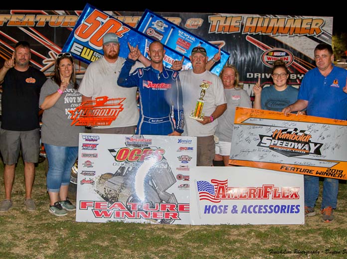 Zach Chappell poses in victory lane on Friday evening at Humboldt Speedway. (Dayton Sutterby Photo)