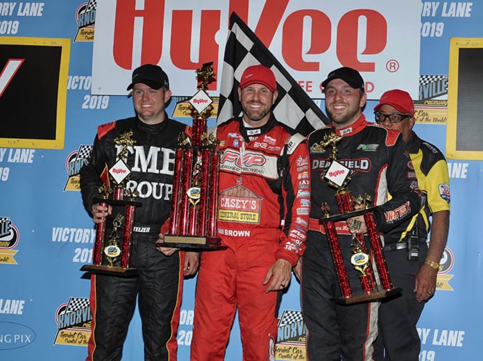 Brian Brown (center) won Saturday's 410 sprint car feature at Knoxville Raceway. (Ken's Racing Pix Photo)