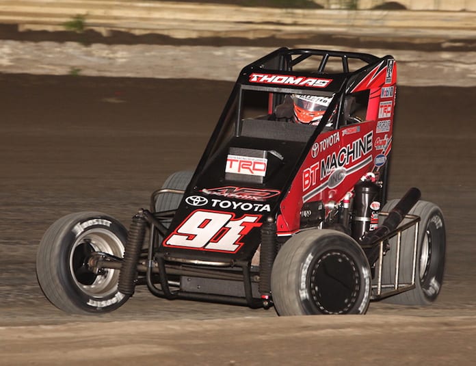 Tyler Thomas on his way to victory Friday at Creek County Speedway. (Richard Bales Photo)