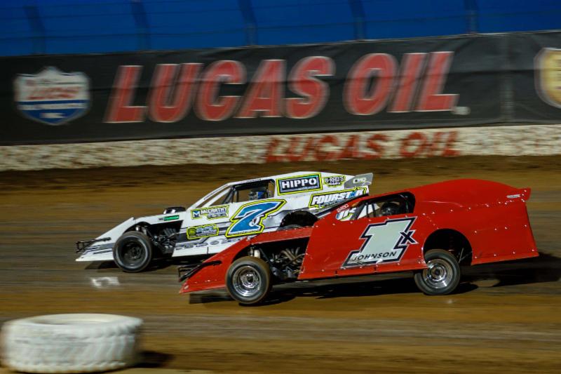 Matt Johnson (1x) duels with Justin Johnson for the lead in Saturday night's Pitts Homes USRA Modified feature. (Kenny Shaw photo)