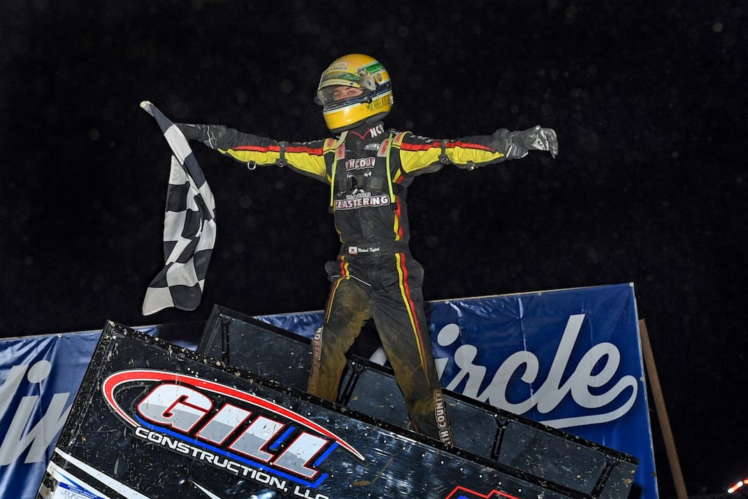 Buddy Kofoid enjoys victory at Wayne County Speedway. (Mike Campbell photo)