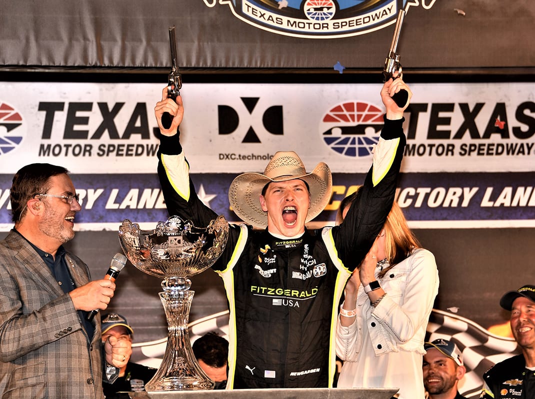 Josef Newgarden celebrates after winning the DXC Technology 600 at Texas Motor Speedway. (Al Steinberg Photo)
