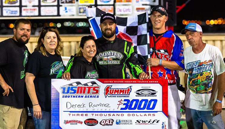 Dereck Ramirez disposed of Jake Gallardo on lap 11 of 40 at the Route 66 Motor Speedway on Saturday night, and then blasted his way through the field to score a $3,000 payday and the seventh win of his USMTS career