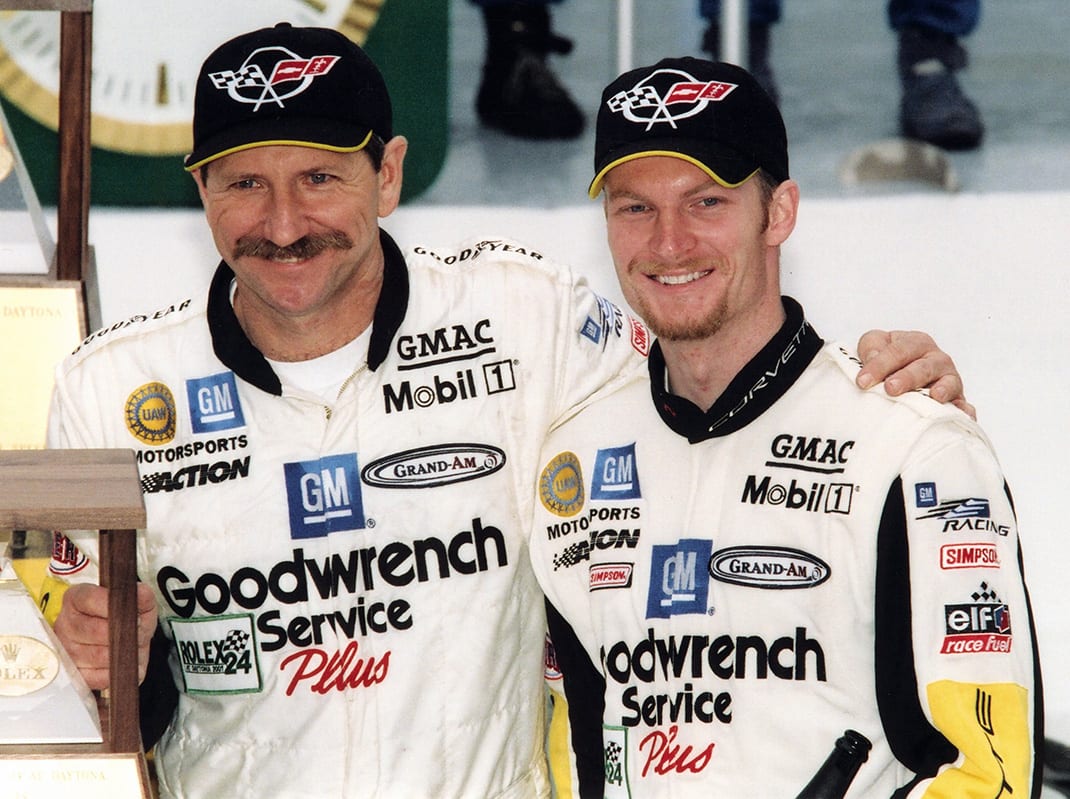DAYTONA BEACH, FL - FEBRUARY 4: Dale Earnhardt Sr. & Dale Earnhard, Jr. pose together at the raceway in Daytona Beach, Florinda on February 4, 2001. The Earhnardts and Andy Pilgram earned second in the GTS category during the 2001 Rolex 24 Hours of Daytona. (Photo by ISC Archives via Getty Images)