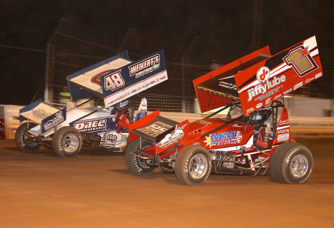 Danny Dietrich (48) races under Chad Trout at Williams Grove Speedway. (Dan Demarco photo)