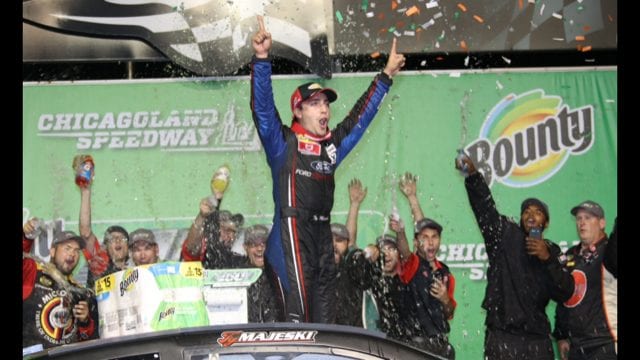 Ty Majeski in victory lane at Chicagoland Speedway. (ARCA photo)