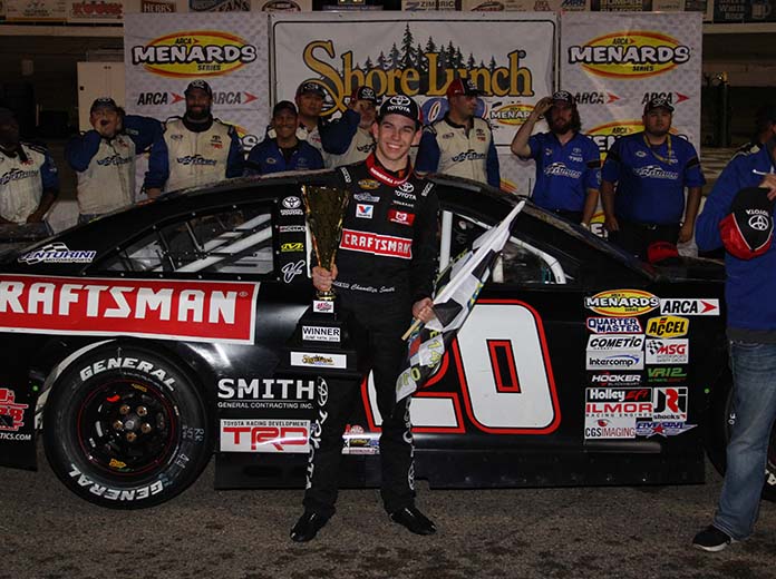 Chandler Smith in victory lane Friday night at Madison Int'l Speedway. (ARCA Photo)