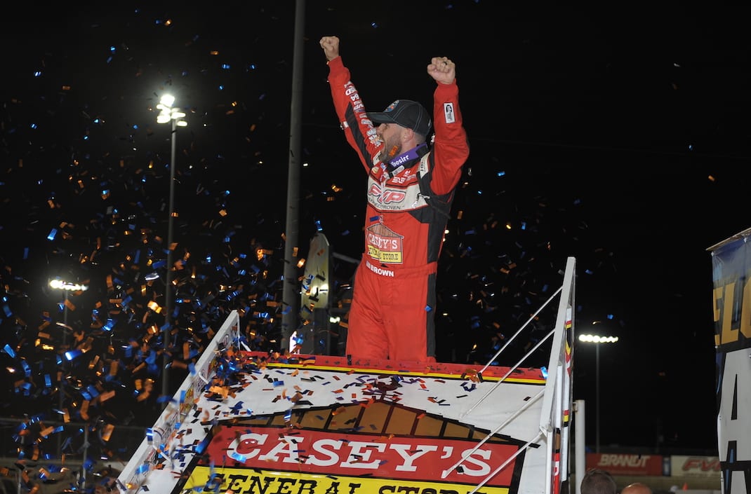 Brian Brown in victory lane at Knoxville Raceway. (Ken Berry photo)