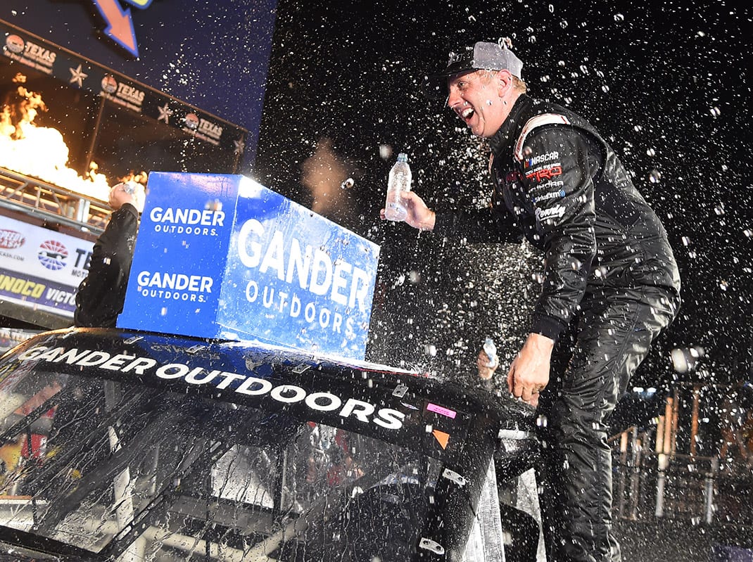 Greg Biffle celebrates his victory in Friday's NASCAR Gander Outdoors Truck Series race at Texas Motor Speedway. (Toyota Photo)