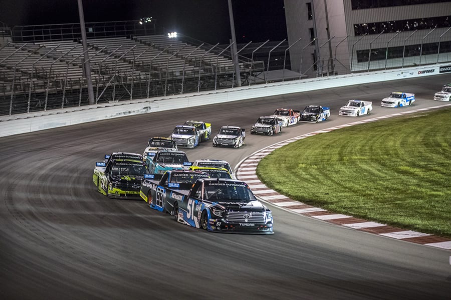 Christian Eckes (51) leads the field during Saturday's NASCAR Gander Outdoors Truck Series race at World Wide Technology Raceway. (Brad Plant Photo)