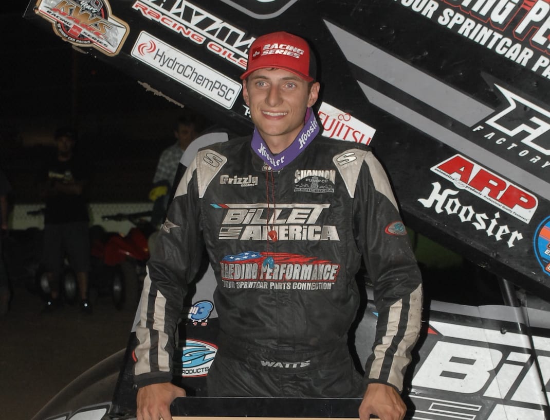 Sean Watts won Saturday's King of the West sprint car feature at Stockton Dirt Track. (Donna Peter photo)