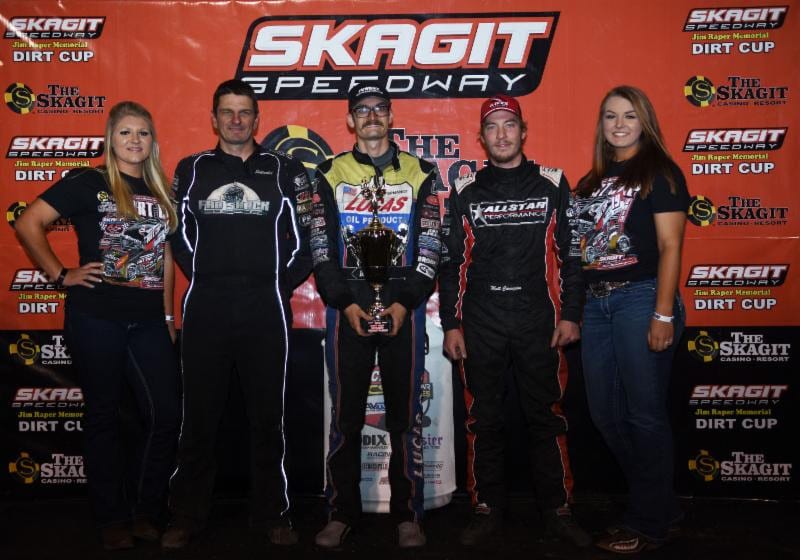 Blake Hahn (center) shares the Skagit Speedway podium with Matt Covington and Jason Solwold. (Malcolm White photo)