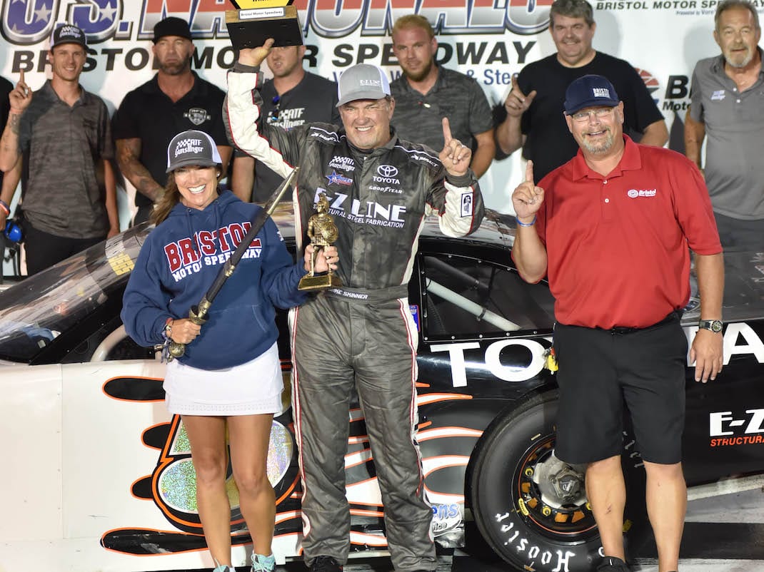 Mike Skinner celebrates in victory lane after winning the Pro Late Model division of the Short Track US Nationals ta Bristol Motor Speedway. (Drew Hierwarter photo)