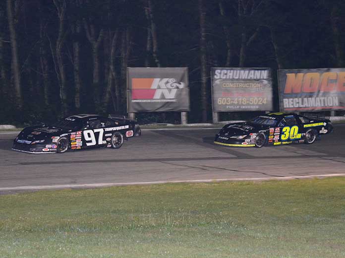 Joey Polewarczyk leads leader Rich Dubeau en route to his win in the Dream Ride 150 at Star Speedway Saturday night. (Eric LaFleche Photo)