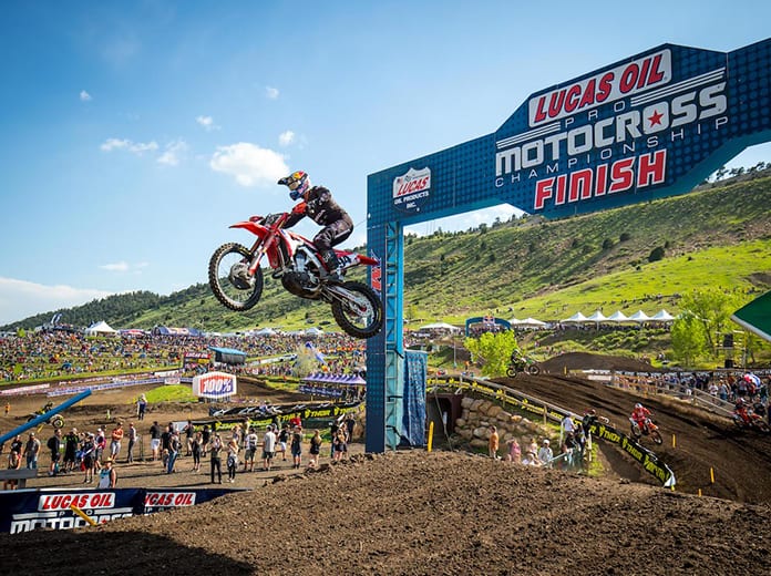 Ken Roczen soars through the air en route to victory in Saturday's True Value Thunder Valley National. (Rich Shepherd Photo)