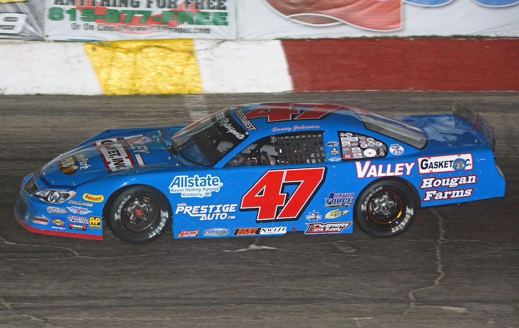 Casey Johnson and his No. 47 on their way to victory at Rockford Speedway. (Stan Kalwasinski photo)