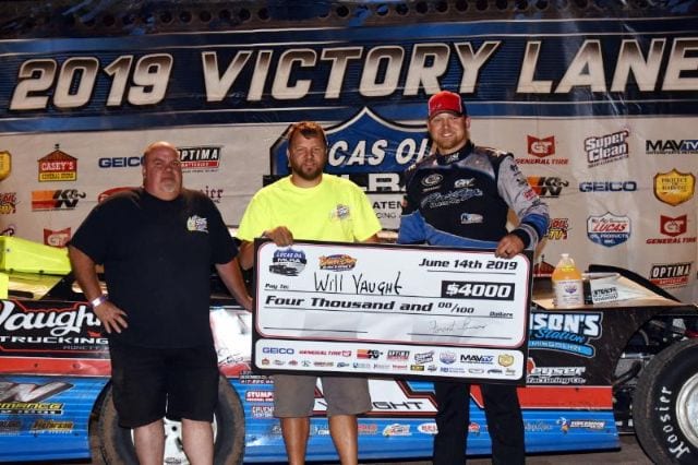 Will Vaught poses in victory lane after winning Friday's MLRA feature at Beaver Dam Raceway. (Lloyd Collins Photo)