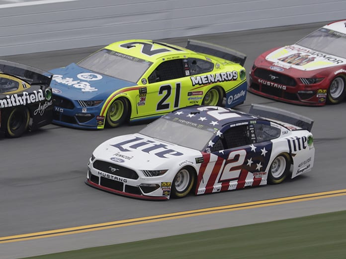 Brad Keselowski (2), shown here Thursday during practice at Daytona Int'l Speedway, was involved in a practice incident with William Byron. (HHP/Harold Hinson Photo)