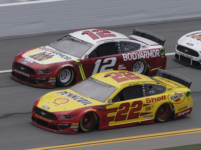 Joey Logano (22) and Ryan Blaney during Thursday's Monster Energy NASCAR Cup Series practice at Daytona Int'l Speedway. (HHP/Harold Hinson Photo)