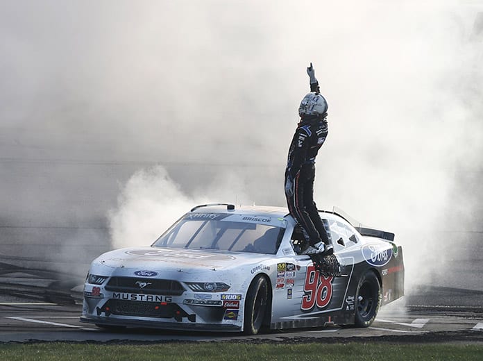 Chase Briscoe celebrates after winning the U.S. Cellular 250 Saturday at Iowa Speedway. (HHP/Ashley Dickerson Photo)