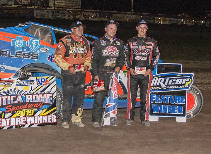 Erick Rudolph (center) won Sunday's 358 modified feature at Utica-Rome Speedway. (DIRTcar photo)