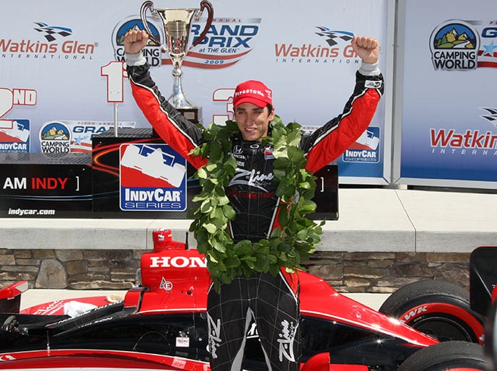 Justin Wilson celebrates an Indy car victory at Watkins Glen Int'l in 2009. (IndyCar Photo)